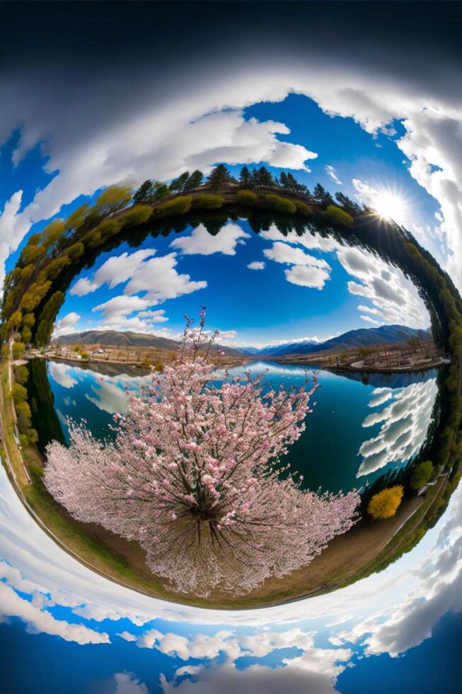 fish eye view of a cherry tree in bloom. . photo
