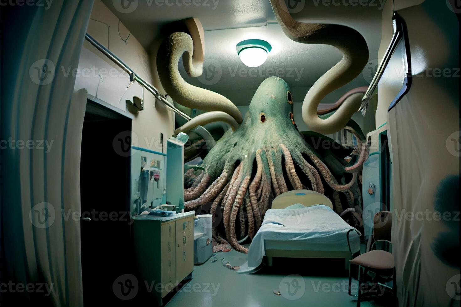hospital room with a giant octopus on the wall. . photo
