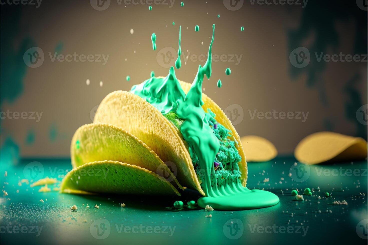close up of a taco covered in green liquid. . photo