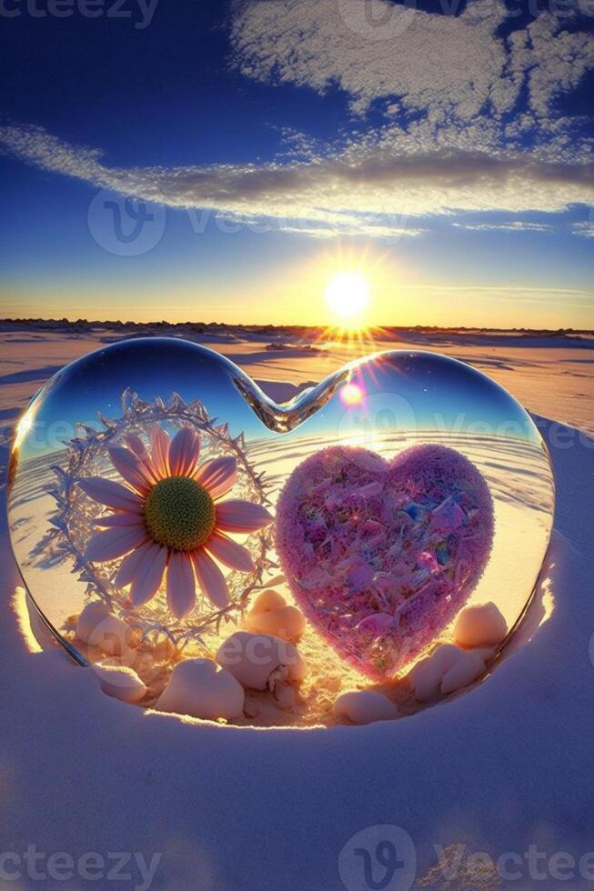 heart shaped object sitting on top of a snow covered ground. . photo
