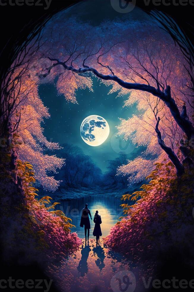 painting of two people walking under a full moon. . photo