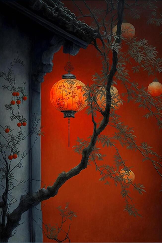 painting of a chinese lantern hanging from a tree. generative ai