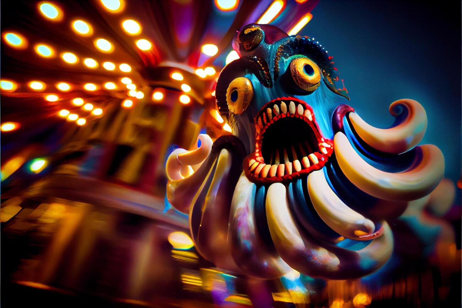 close up of a carnival ride with lights in the background. . photo