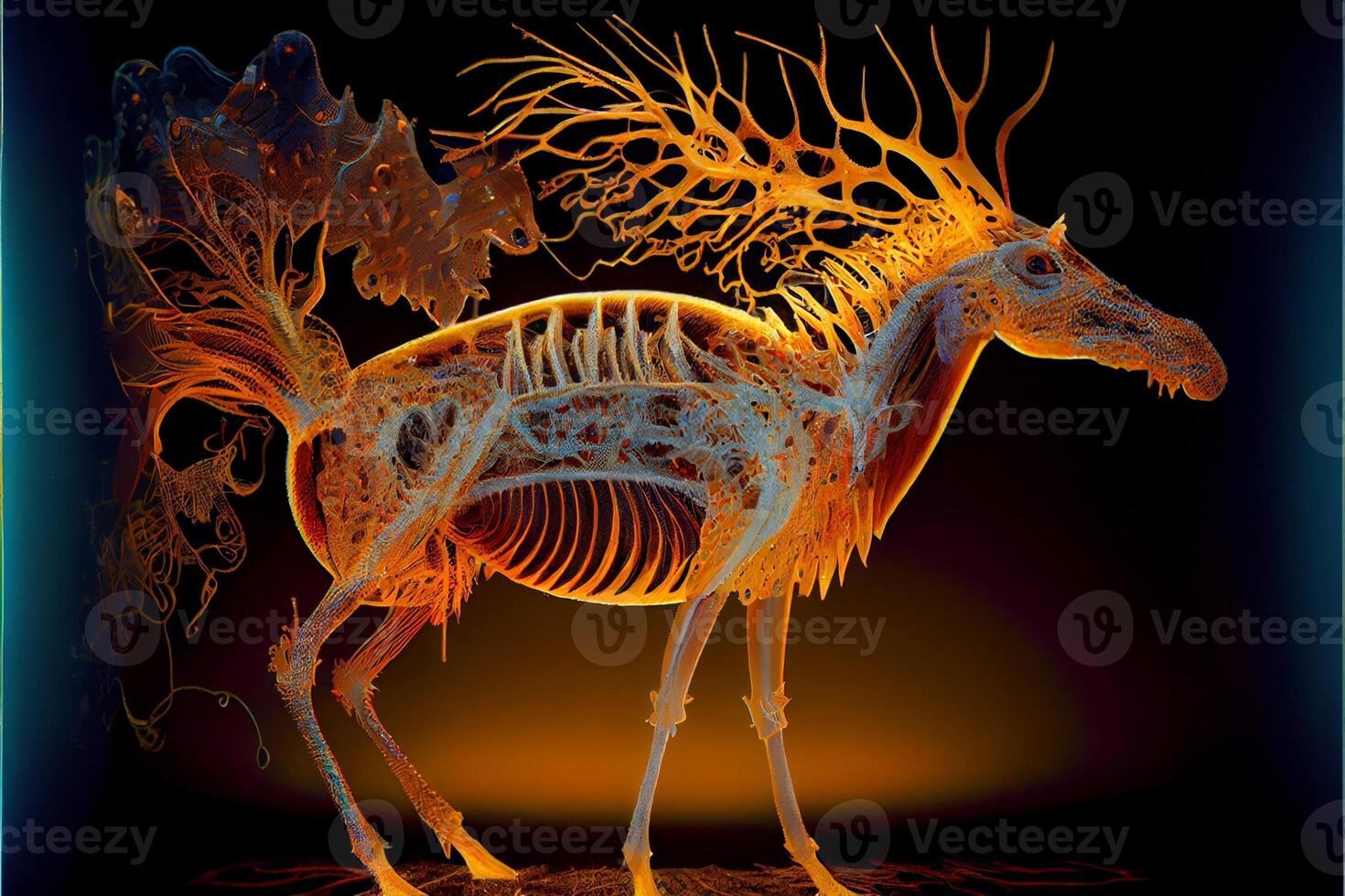 close up of a skeleton of a horse. . photo