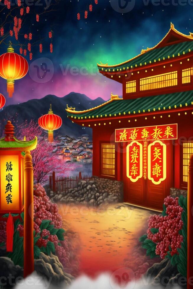 painting of a chinese temple at night. . photo