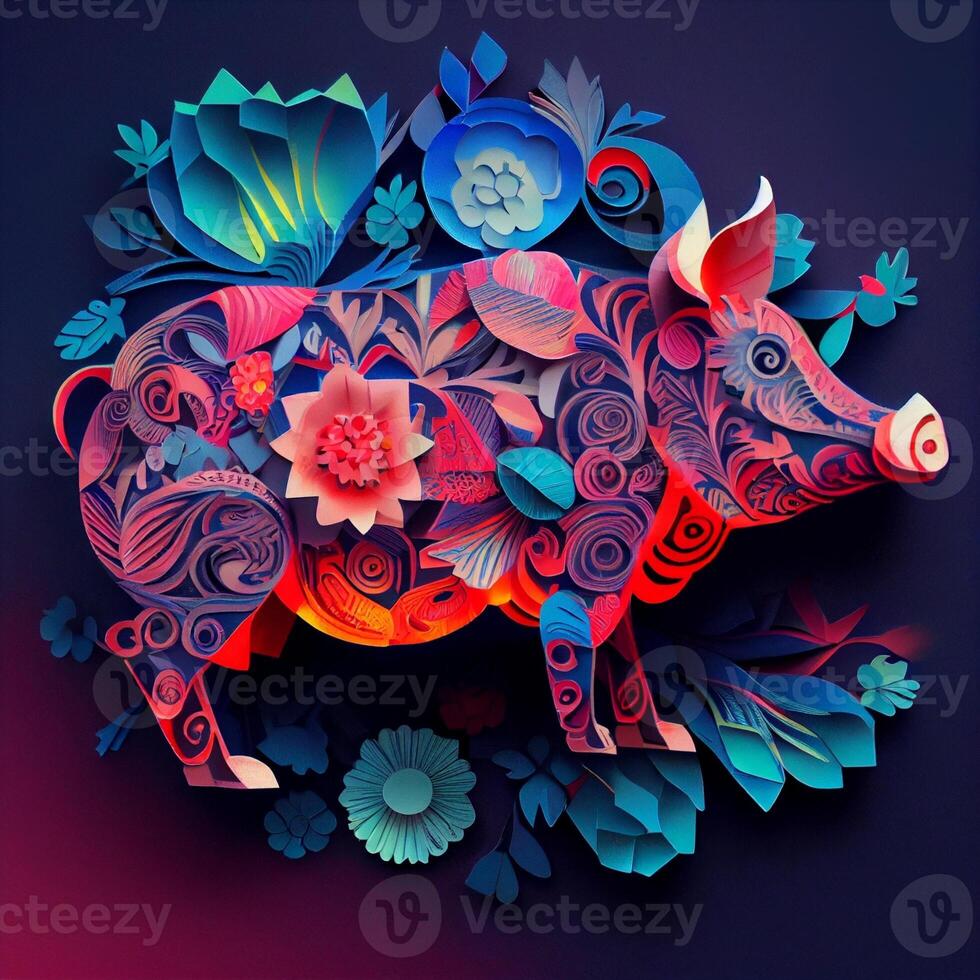 paper cut pig surrounded by flowers and leaves. . photo