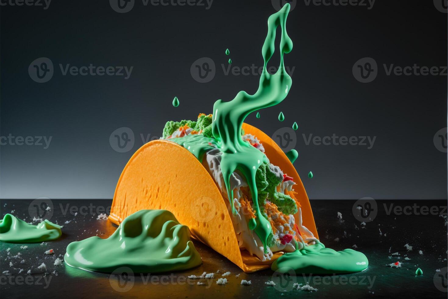 taco covered in green icing sitting on top of a table. . photo