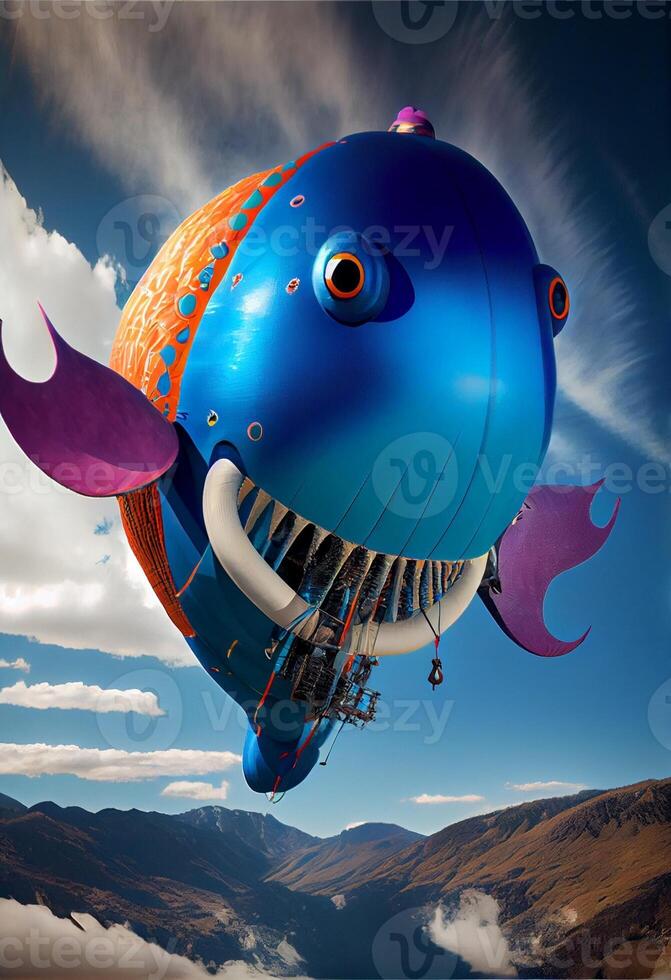 azul y naranja pescado conformado globo volador en el cielo. generativo ai. foto