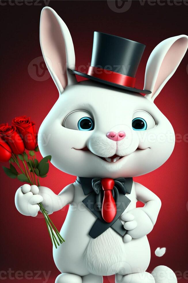 dibujos animados Conejo vistiendo un parte superior sombrero y participación un rojo Rosa. generativo ai. foto