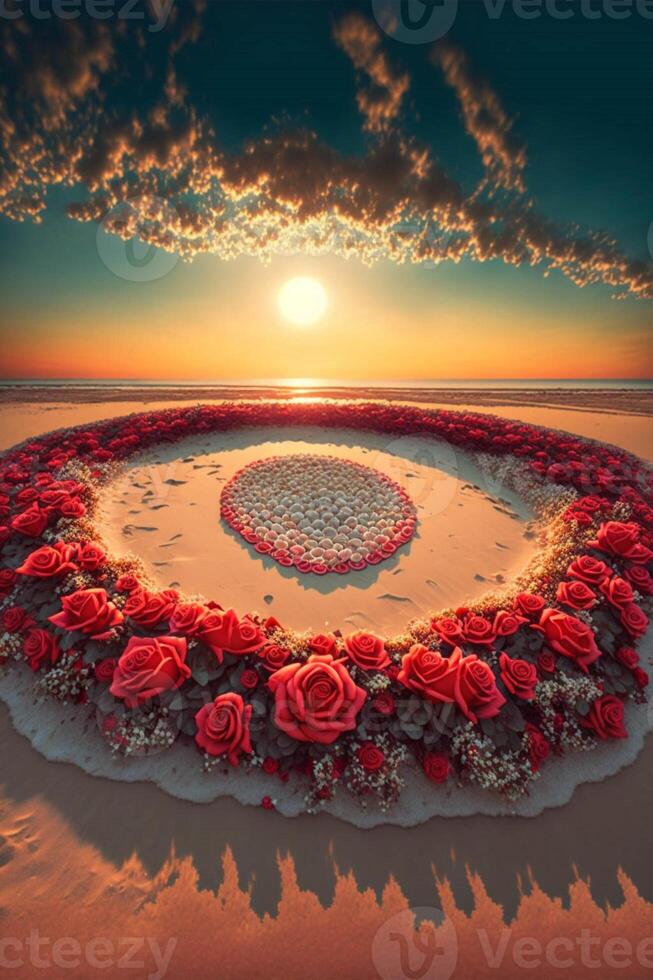 heart made out of red roses on a beach. . photo