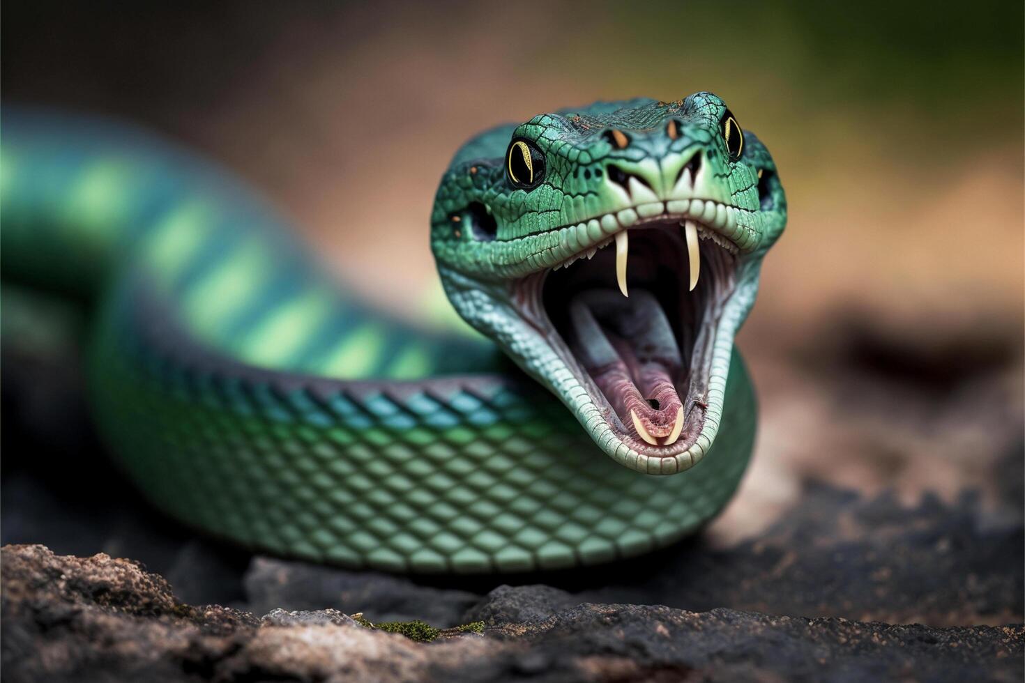 cerca arriba de un verde serpiente con sus boca abierto. generativo ai. foto
