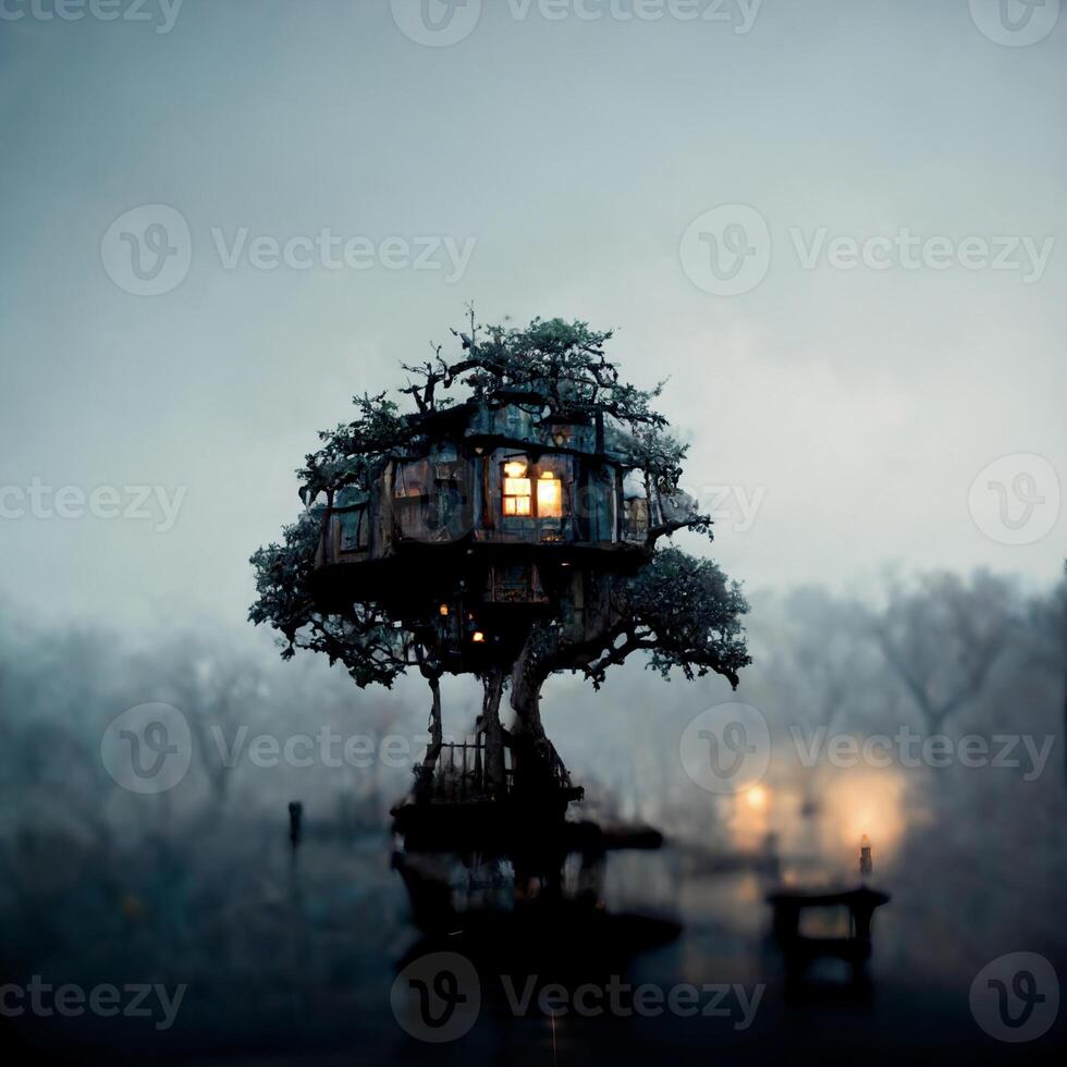 tree house sitting in the middle of a lake. . photo