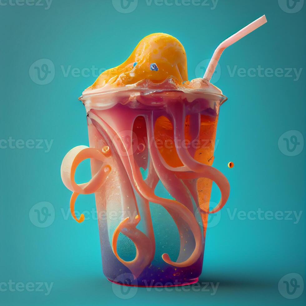 cup of ice cream with an octopus sticking out of it. . photo