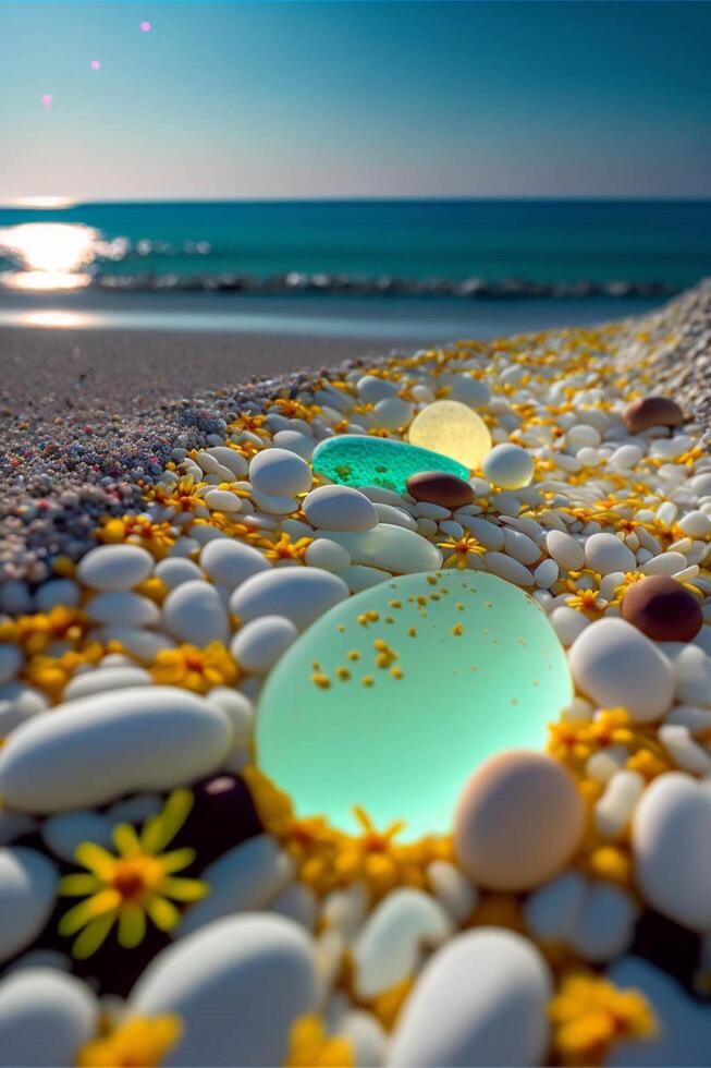 bunch of rocks sitting on top of a beach. . photo