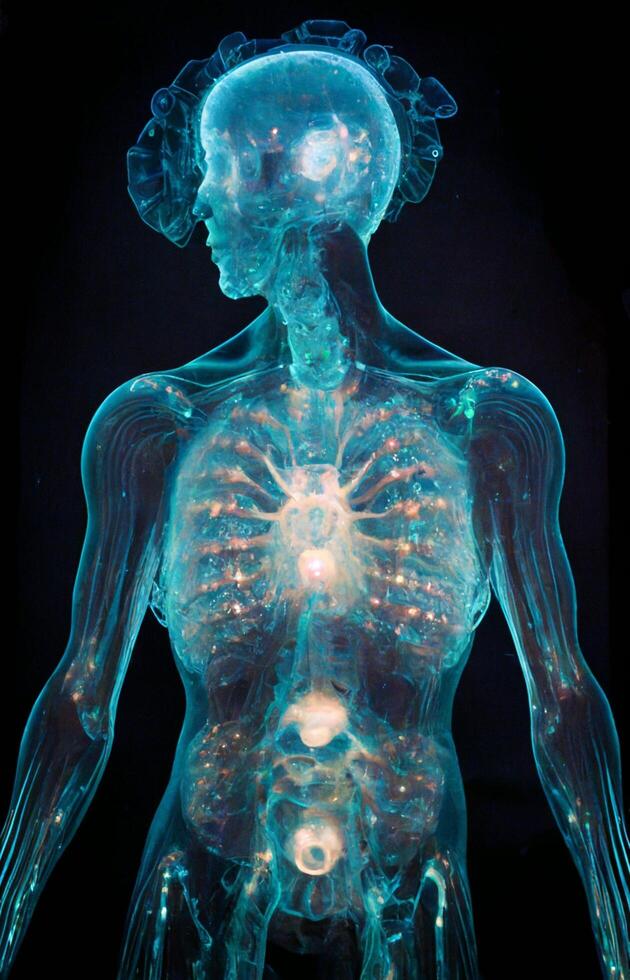 close up of a person with a glowing body. . photo