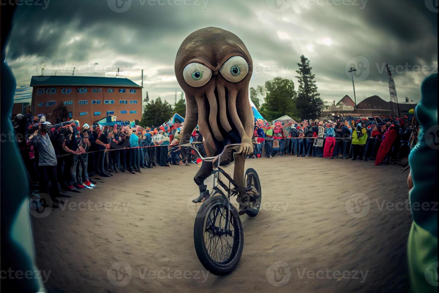 gigante calamar montando un bicicleta en frente de un multitud. generativo ai. foto