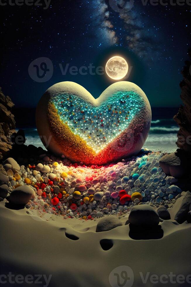 heart shaped rock on a beach with a full moon in the background. . photo