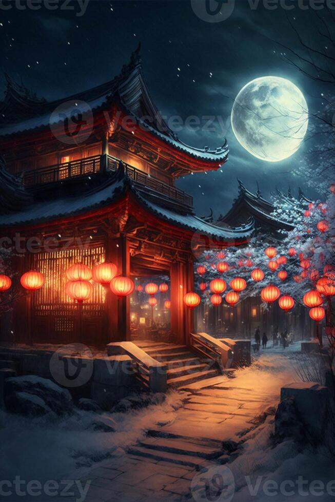 chinese temple at night with a full moon in the sky. . photo