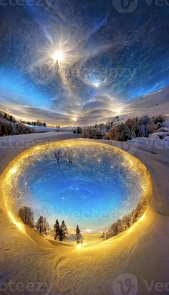 circular pool in the middle of a snow covered field. . photo