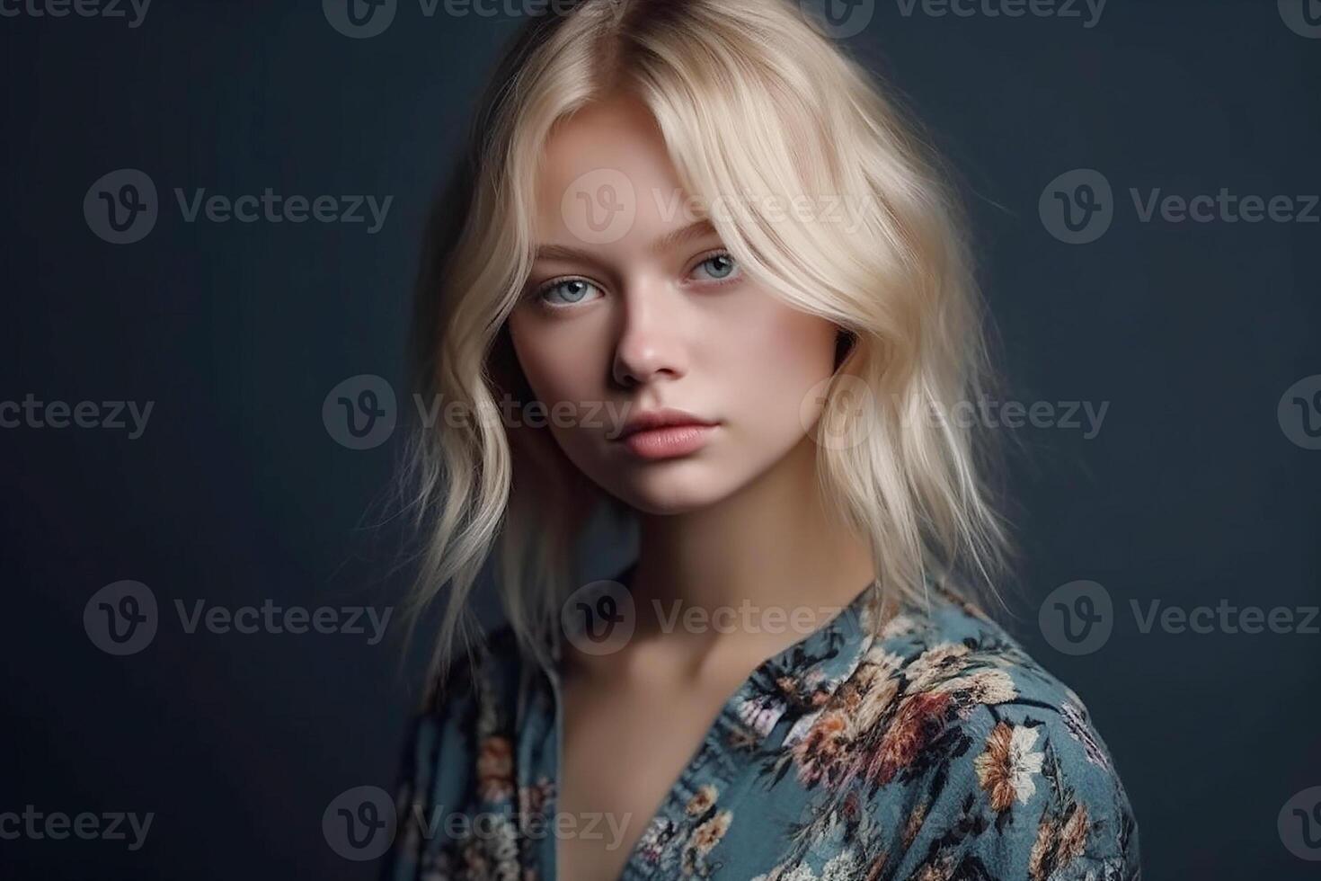 Portrait of a fashionable European girl with long blond hair. Studio light. Dark background. photo