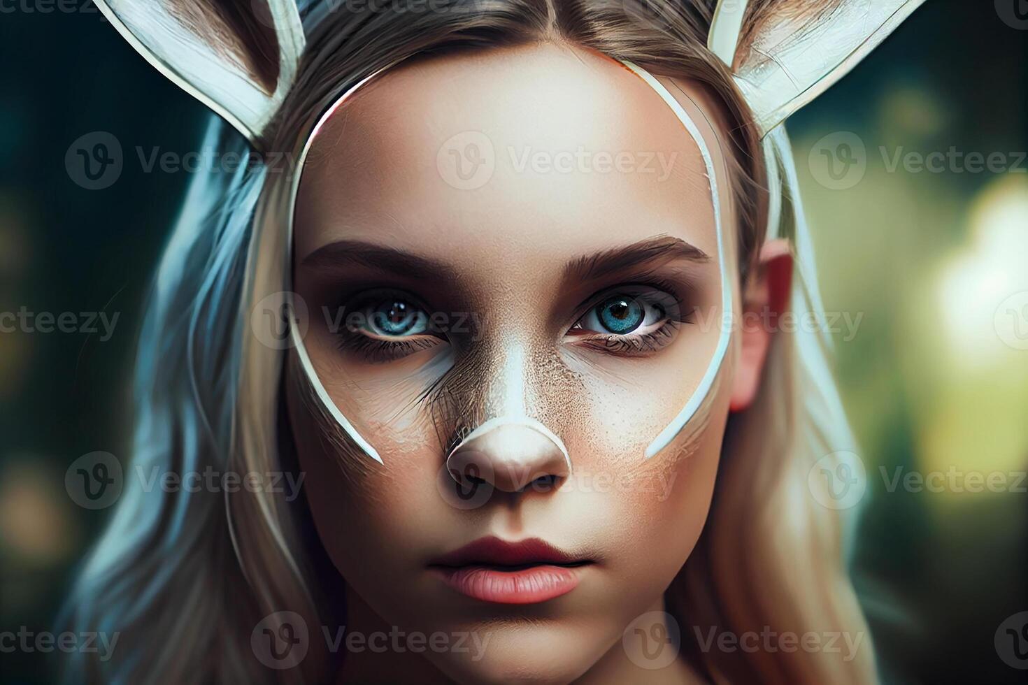 A young girl in an Easter bunny mask. photo