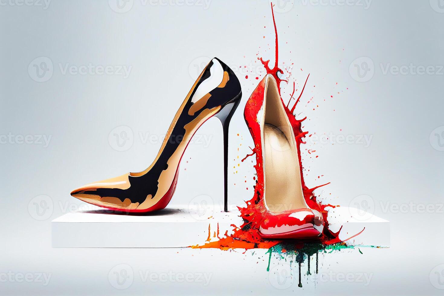 Women's high-heeled shoes in splashes of multicolored paint. Art. photo