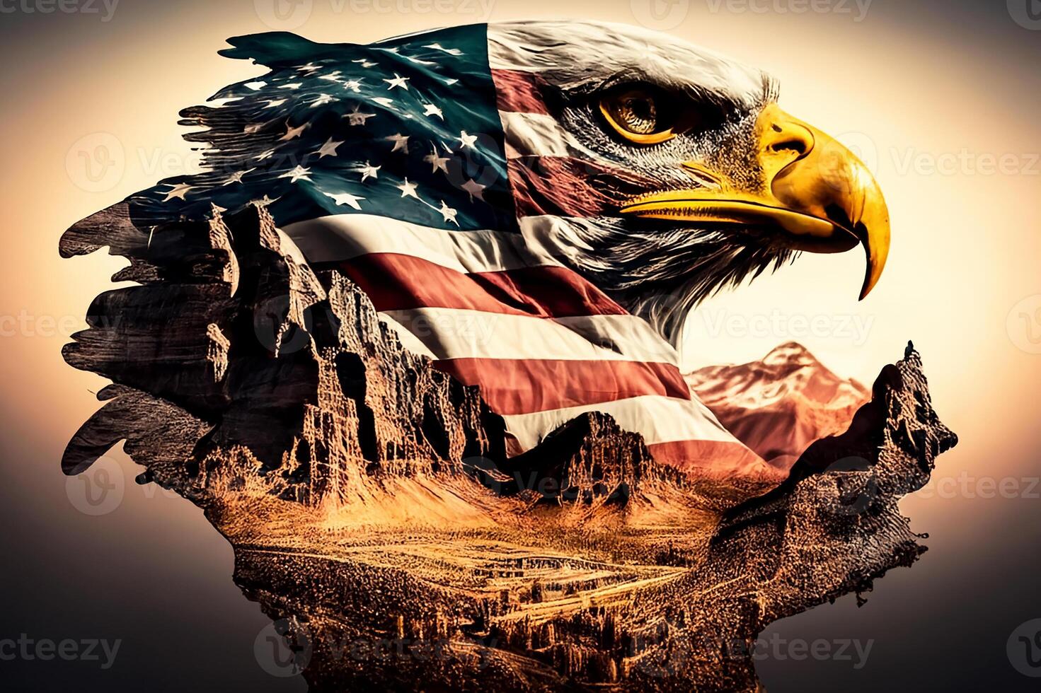 A white eagle in the Rocky Mountains with the American flag. photo
