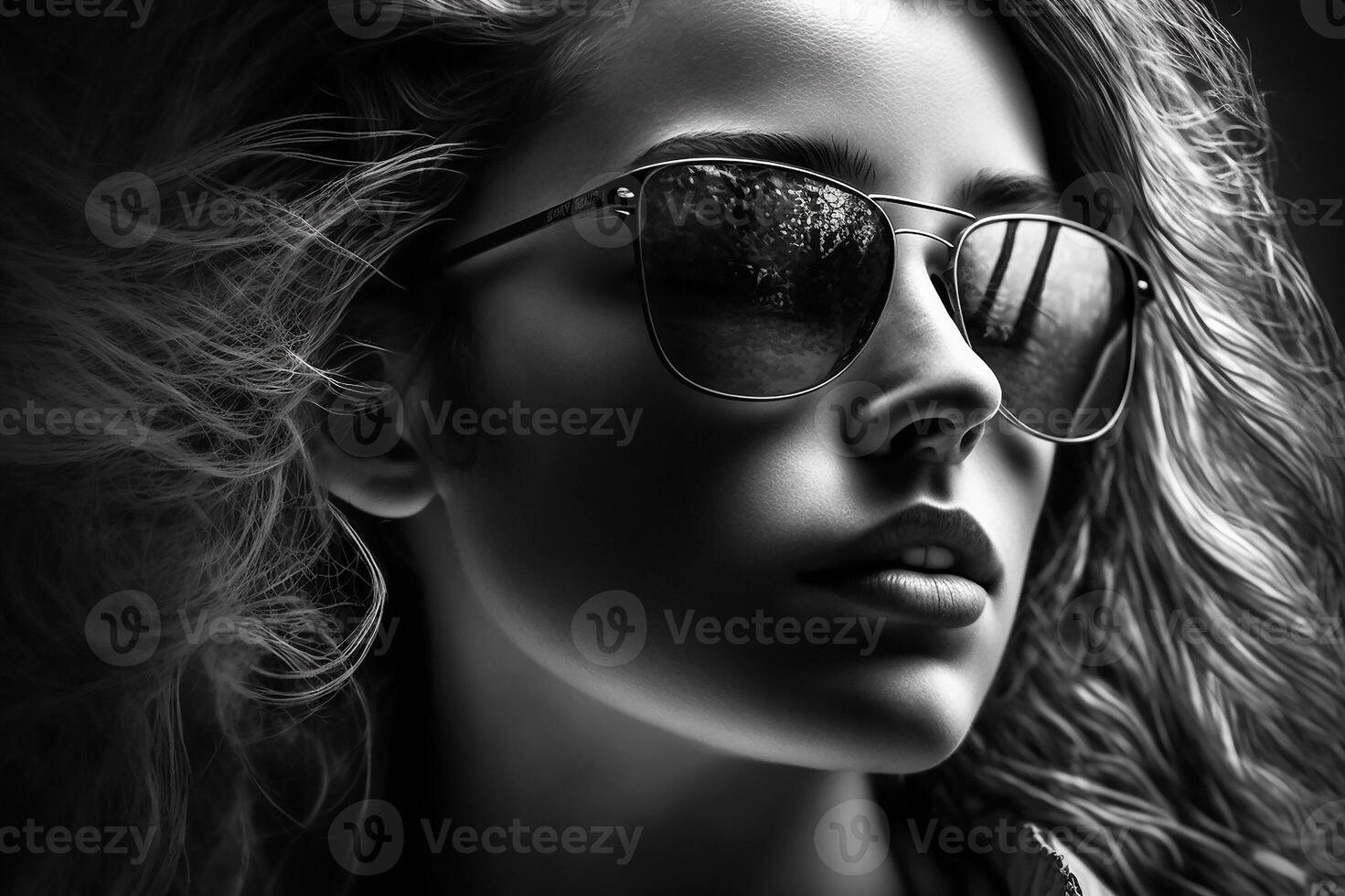 Fashionable girl in sunglasses. Black and white portrait. photo