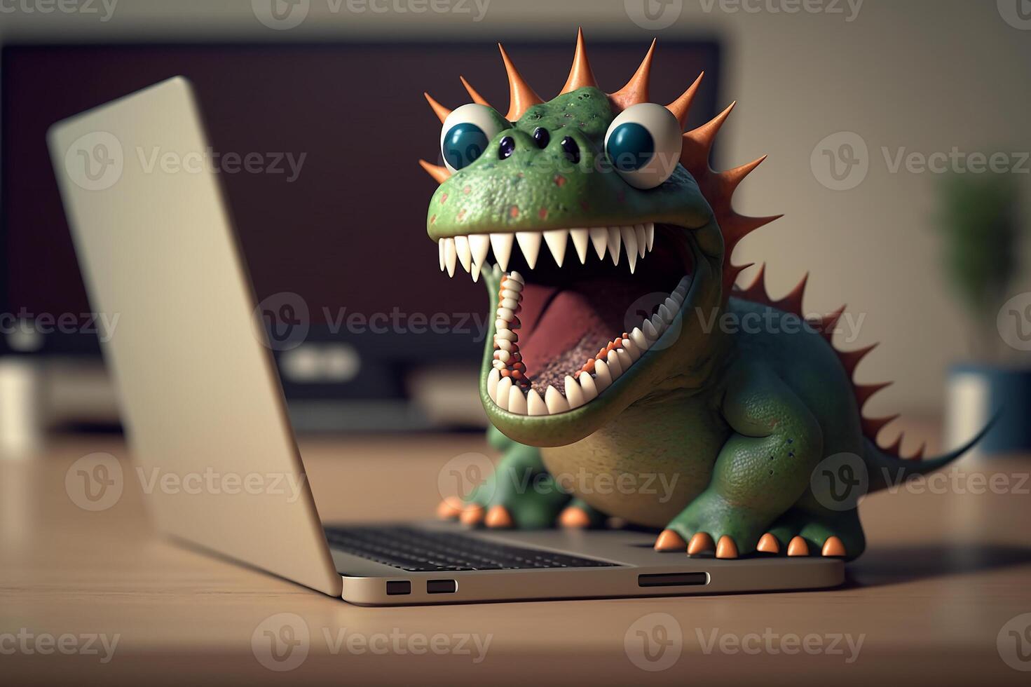 A toy dragon, a dinosaur looks excitedly into a notebook. photo