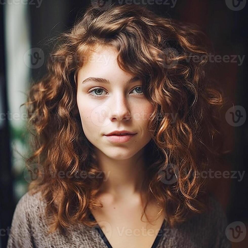 Portrait of a young attractive girl with curly long dark hair. photo