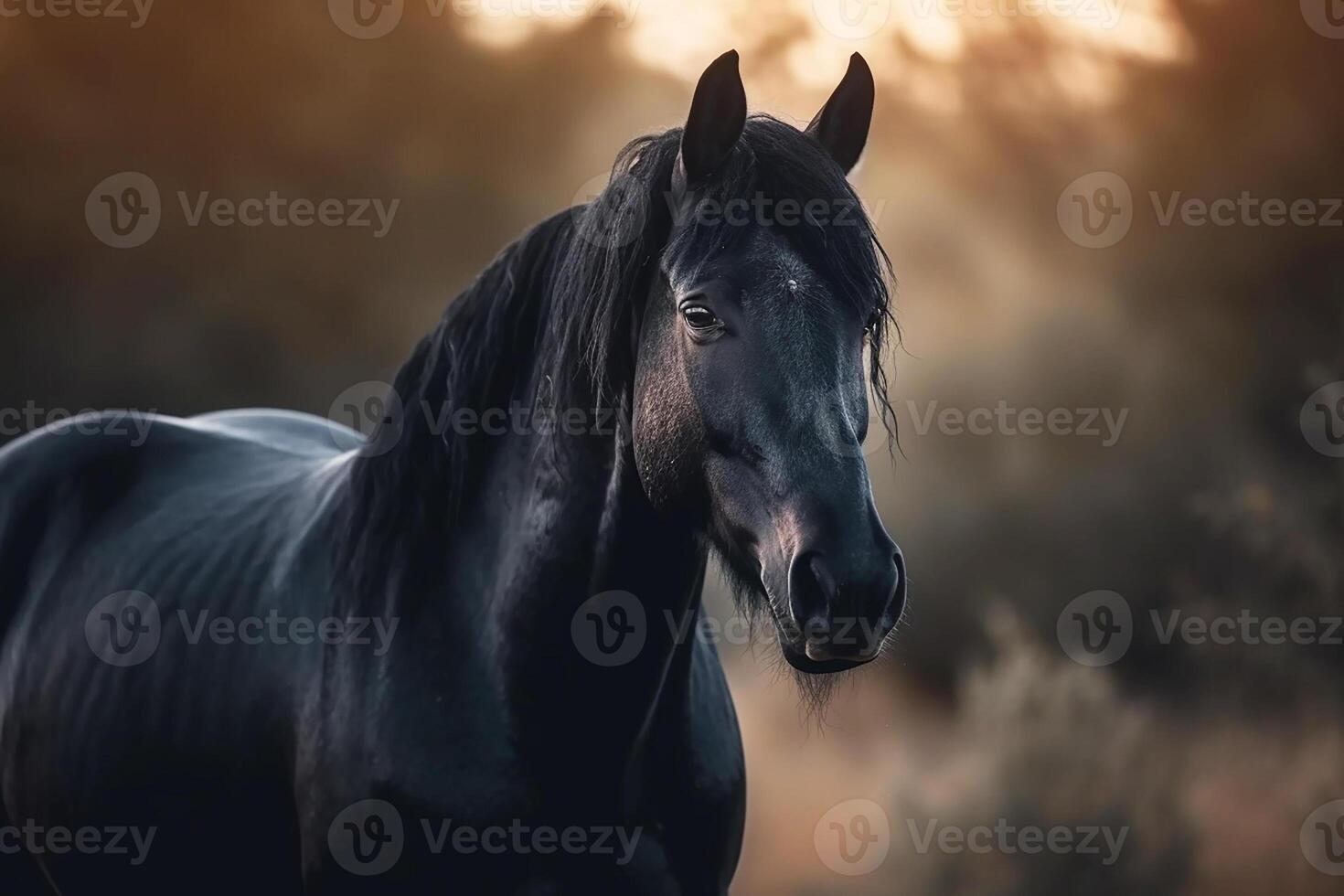 un pura sangre negro caballo en el pastar. generativo ai foto