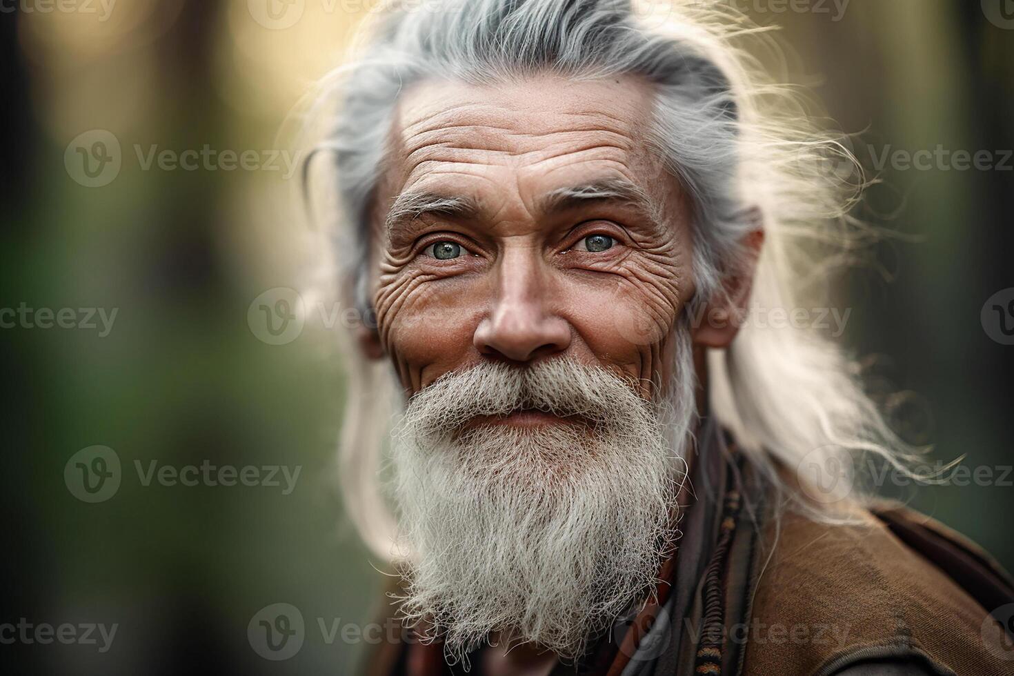 An elderly smiling man, a grandfather with gray hair and beard on a city street. Portrait. photo