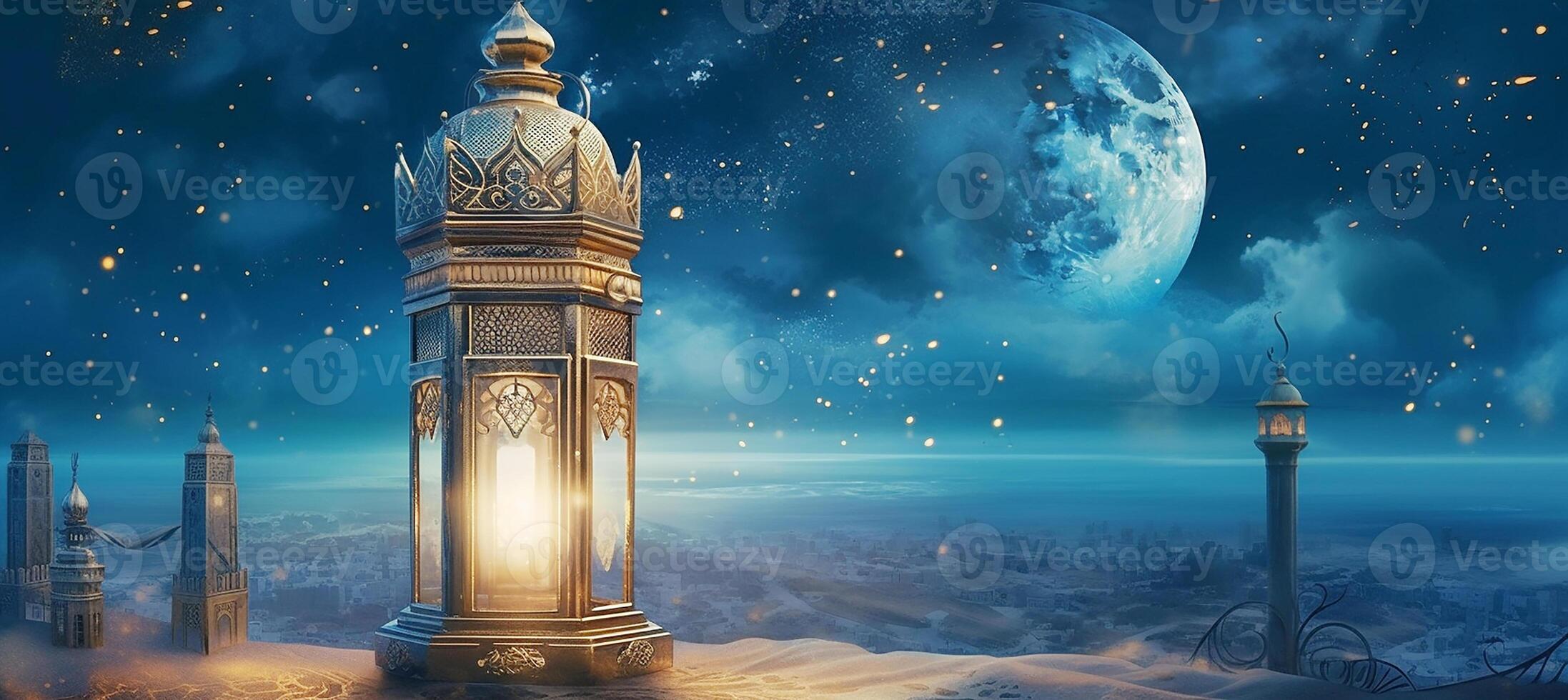 Muslim month of Ramadan Kareem, Muslim lamp in the background of the night tale. photo