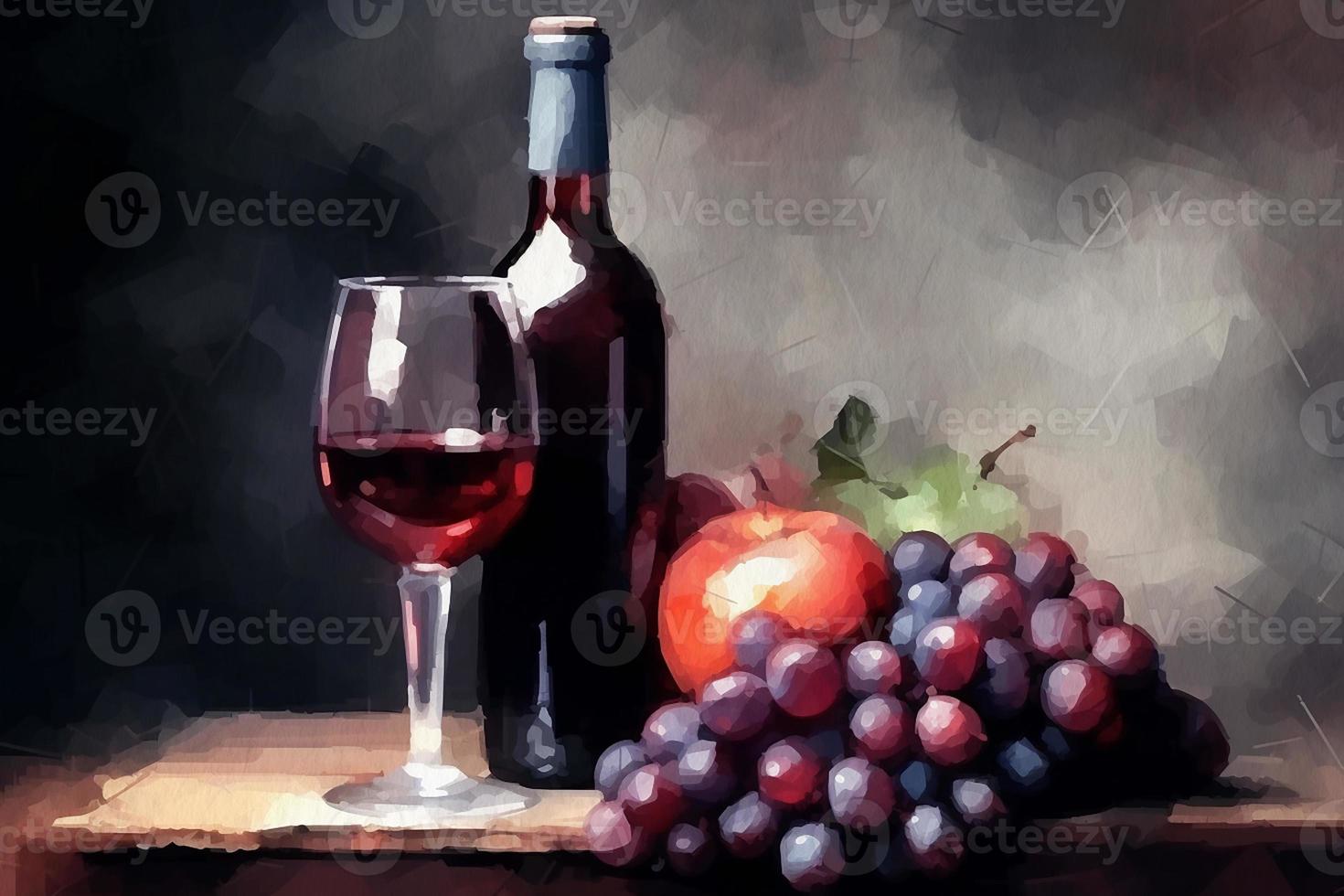 botella de rojo vino con vaso y manojo de uvas, todavía vida pintado con acuarelas en texturizado papel. digital acuarela pintura foto