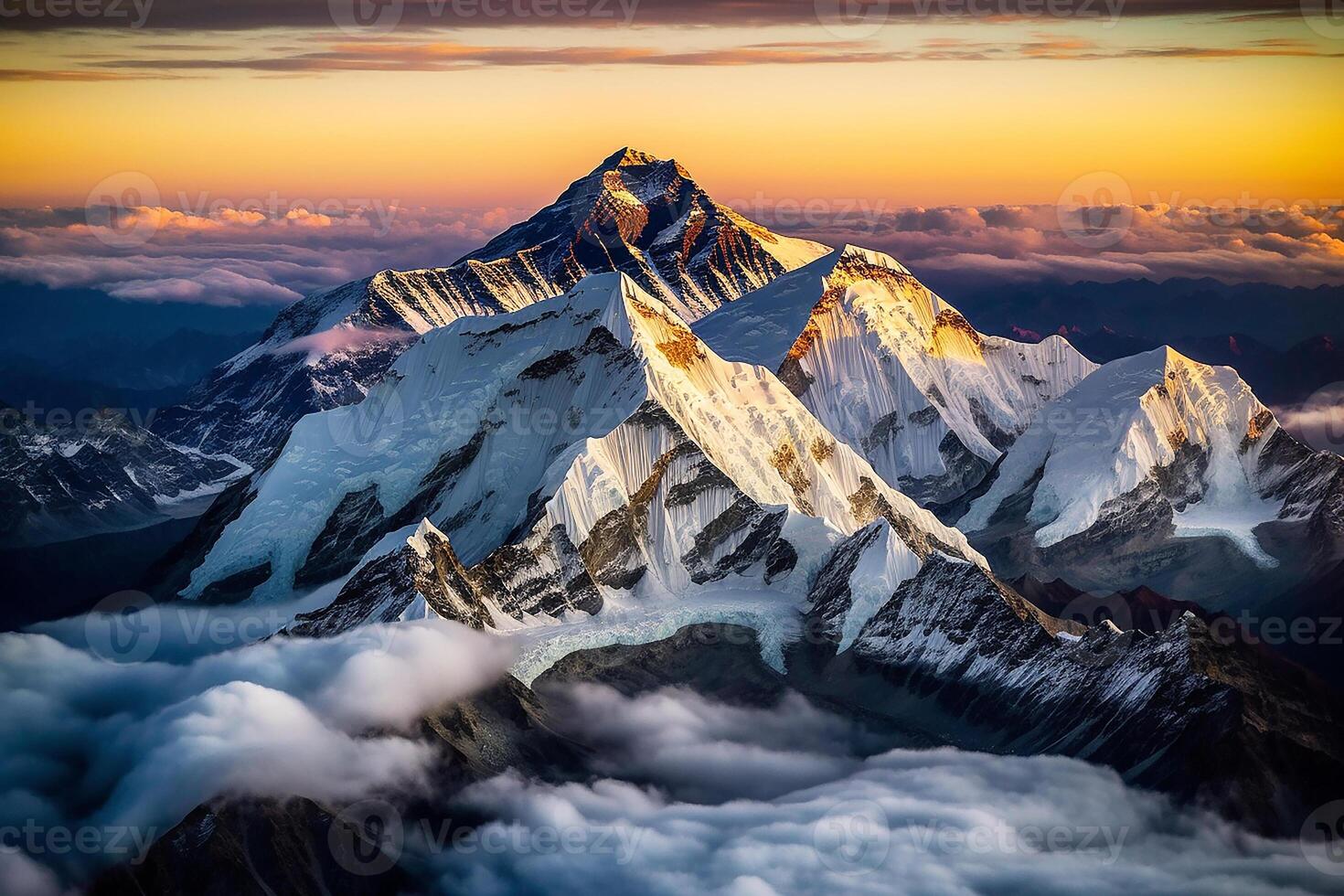 Dawn in the mountains above the clouds, Mount Everest. Mountain landscape. photo