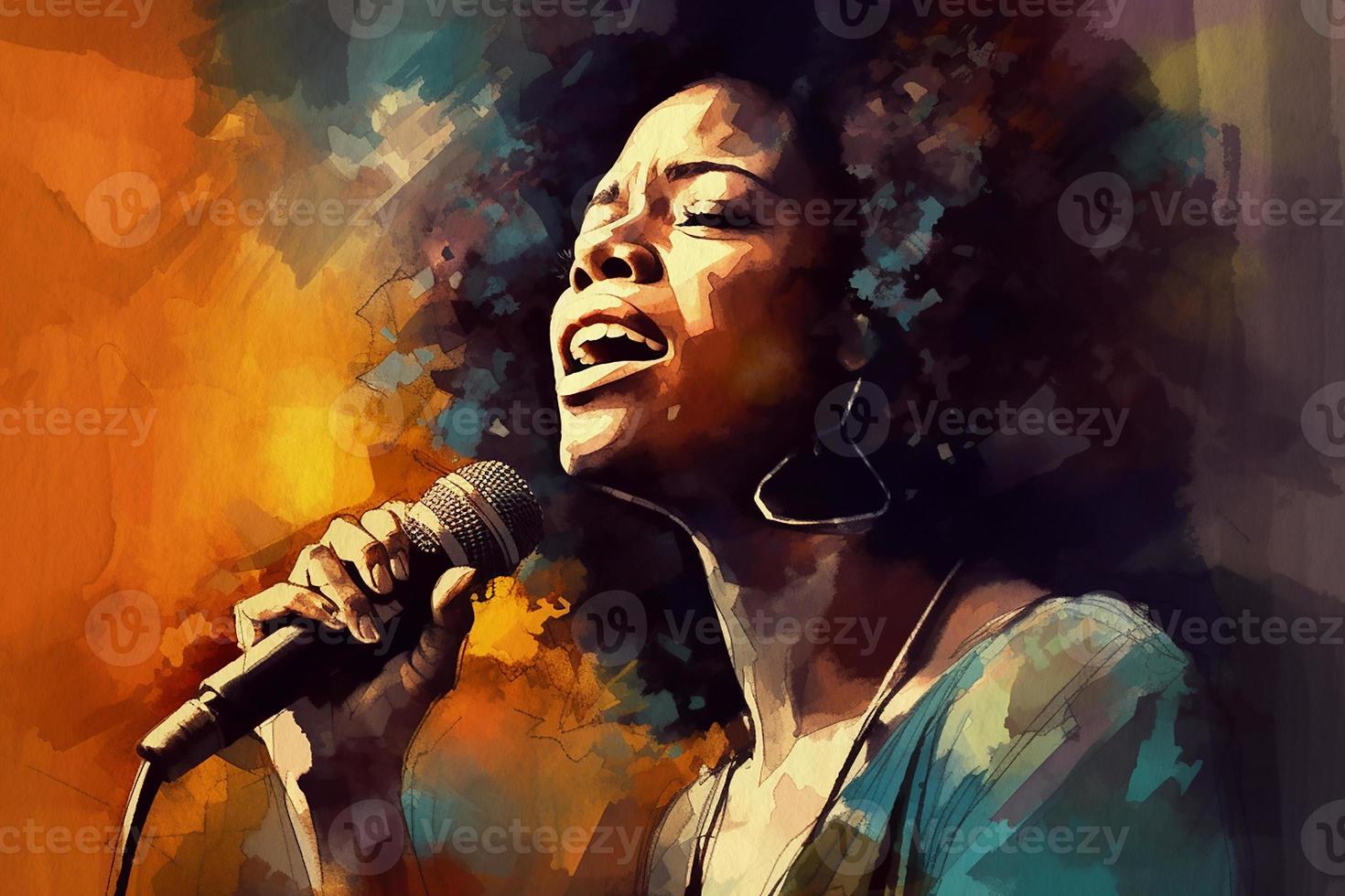 jazz cantante, de piel oscura mujer canto dentro micrófono, acuarela pintura en texturizado papel. digital acuarela pintura foto