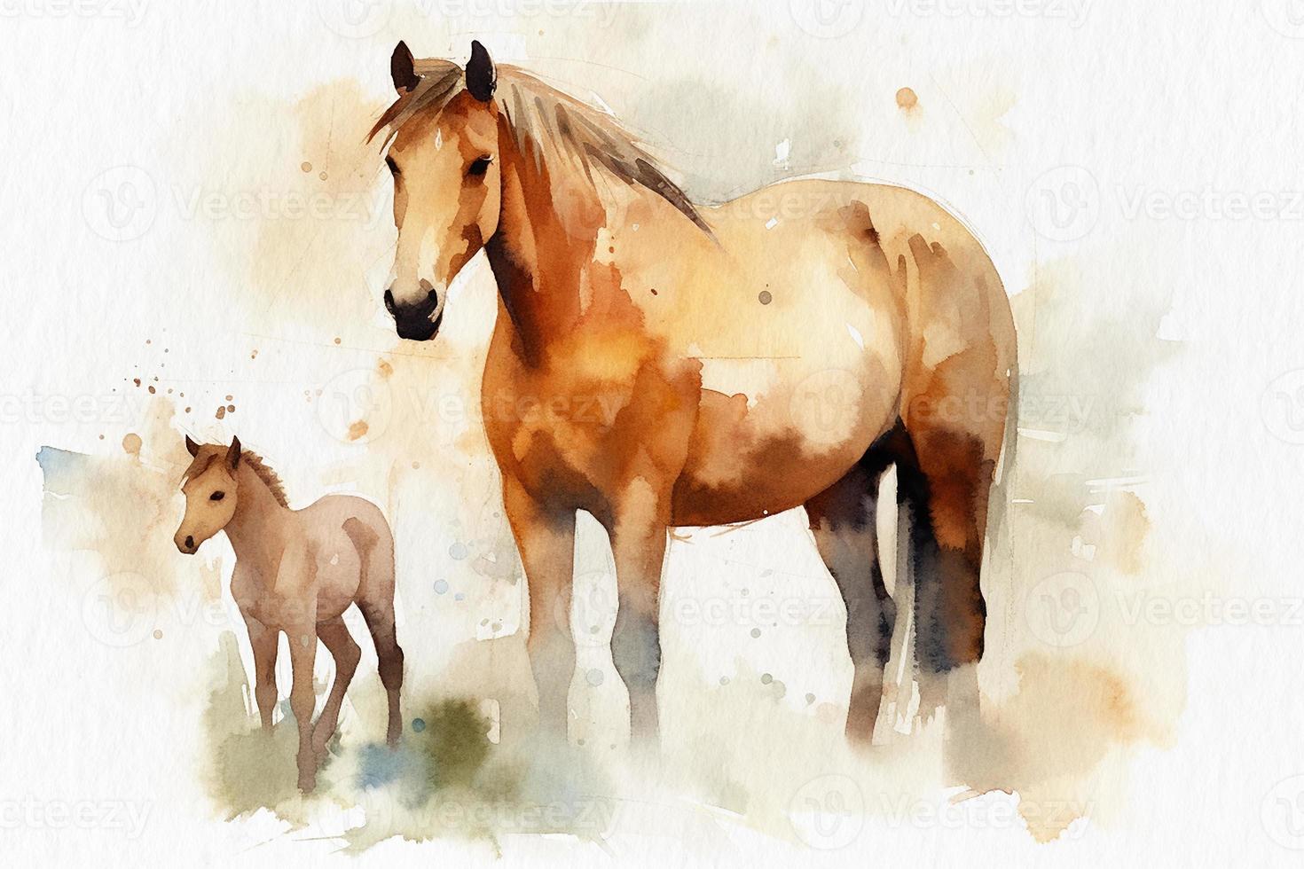 Brown horse and foal in a pasture, watercolor painting on textured paper. Digital watercolor painting photo