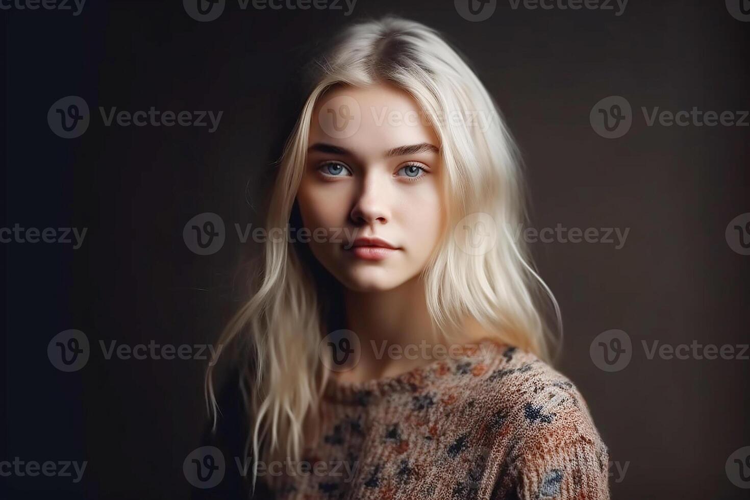 Portrait of a fashionable European girl with long blond hair. Studio light. Dark background. photo