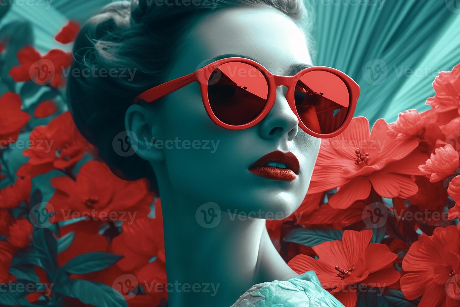 retrato de un sexy niña vistiendo rojo Gafas de sol en retro estilo, rojo verde tonos antecedentes. generativo ai foto