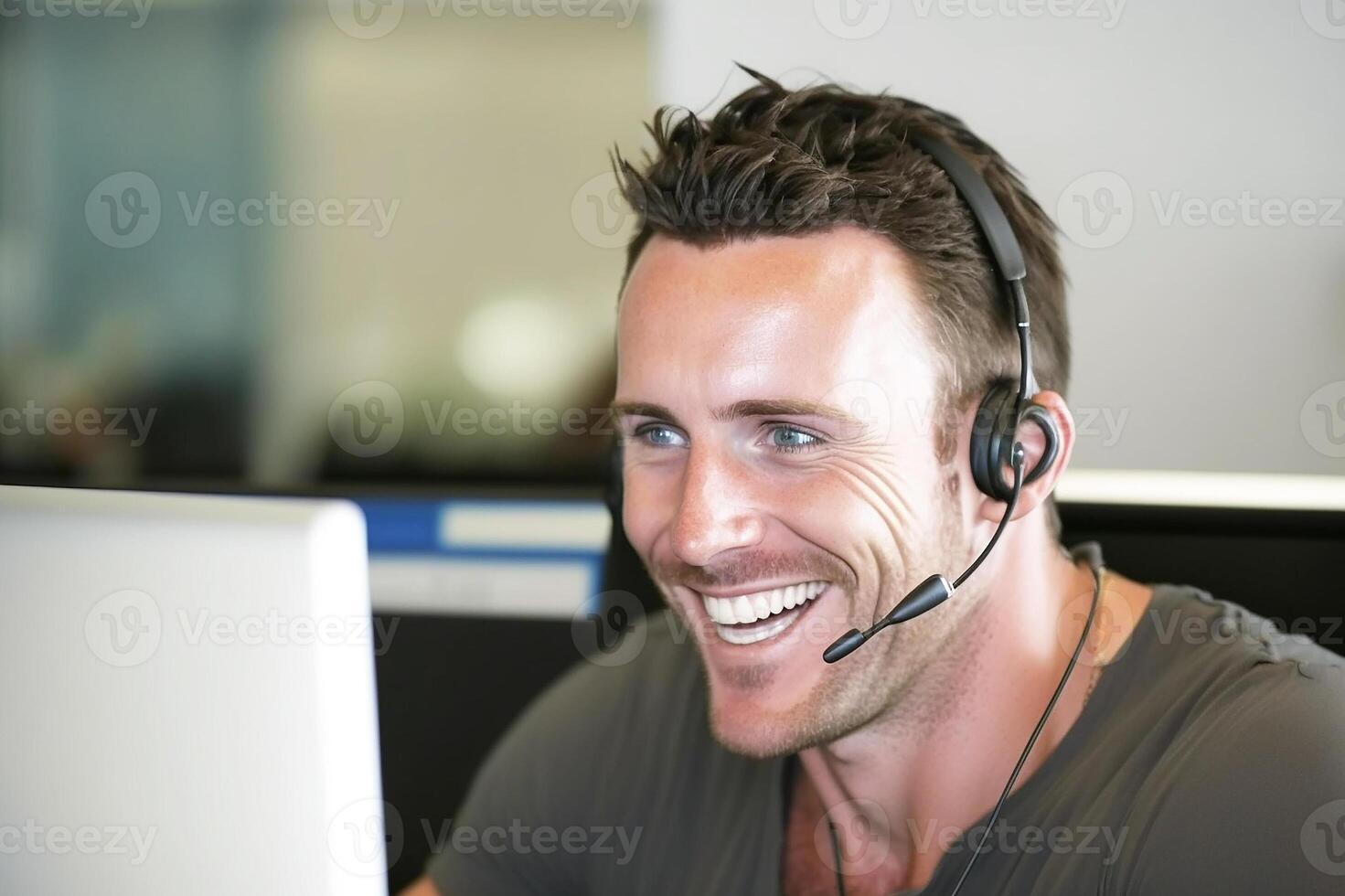 A man American smiling, sitting at his desk in a headset, ready to pick up the phone and help customers. Working in a call center. photo