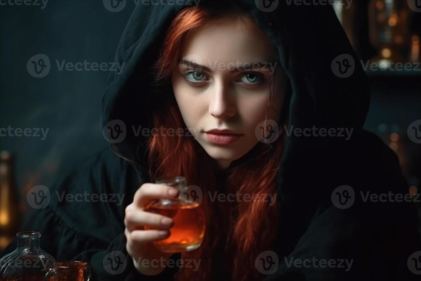 A witch, a beautiful girl in a black cape with a hood is preparing a love potion. photo