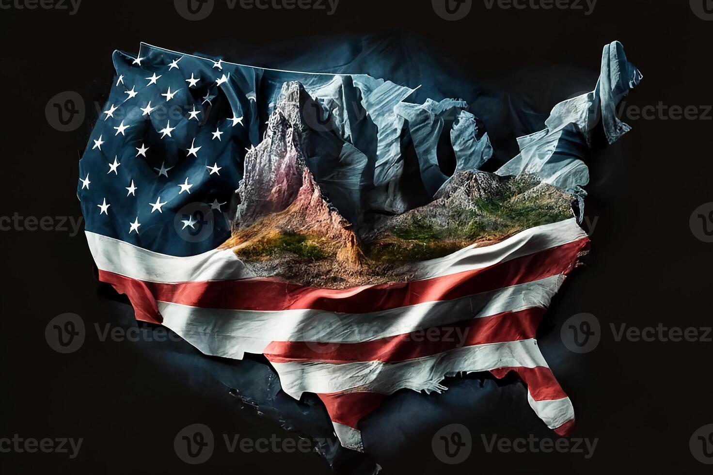 U.S. flag on the background of a map of the country with elements of natural features. photo