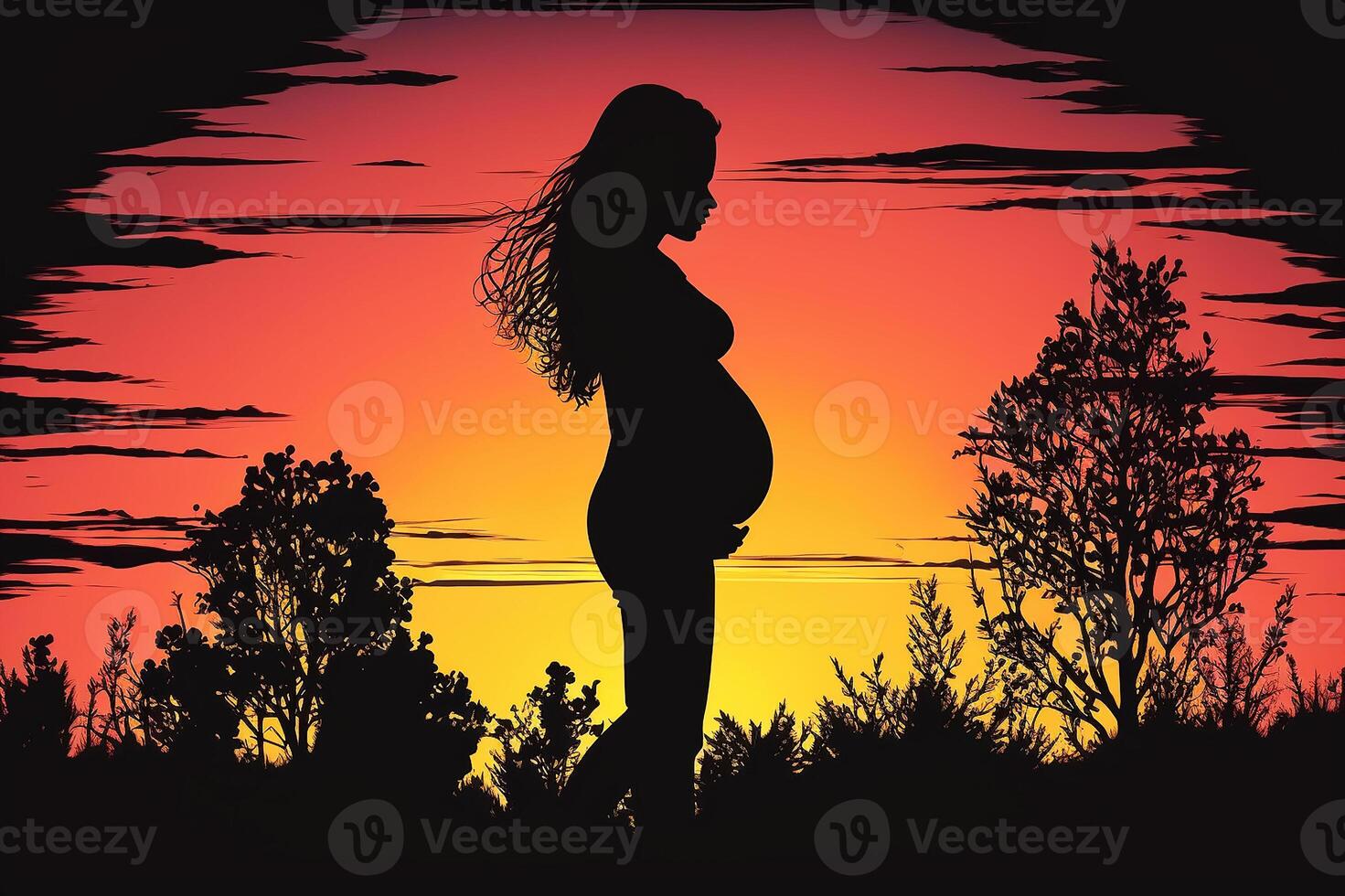 Silhouette of a pregnant woman against the background of the sunset. photo