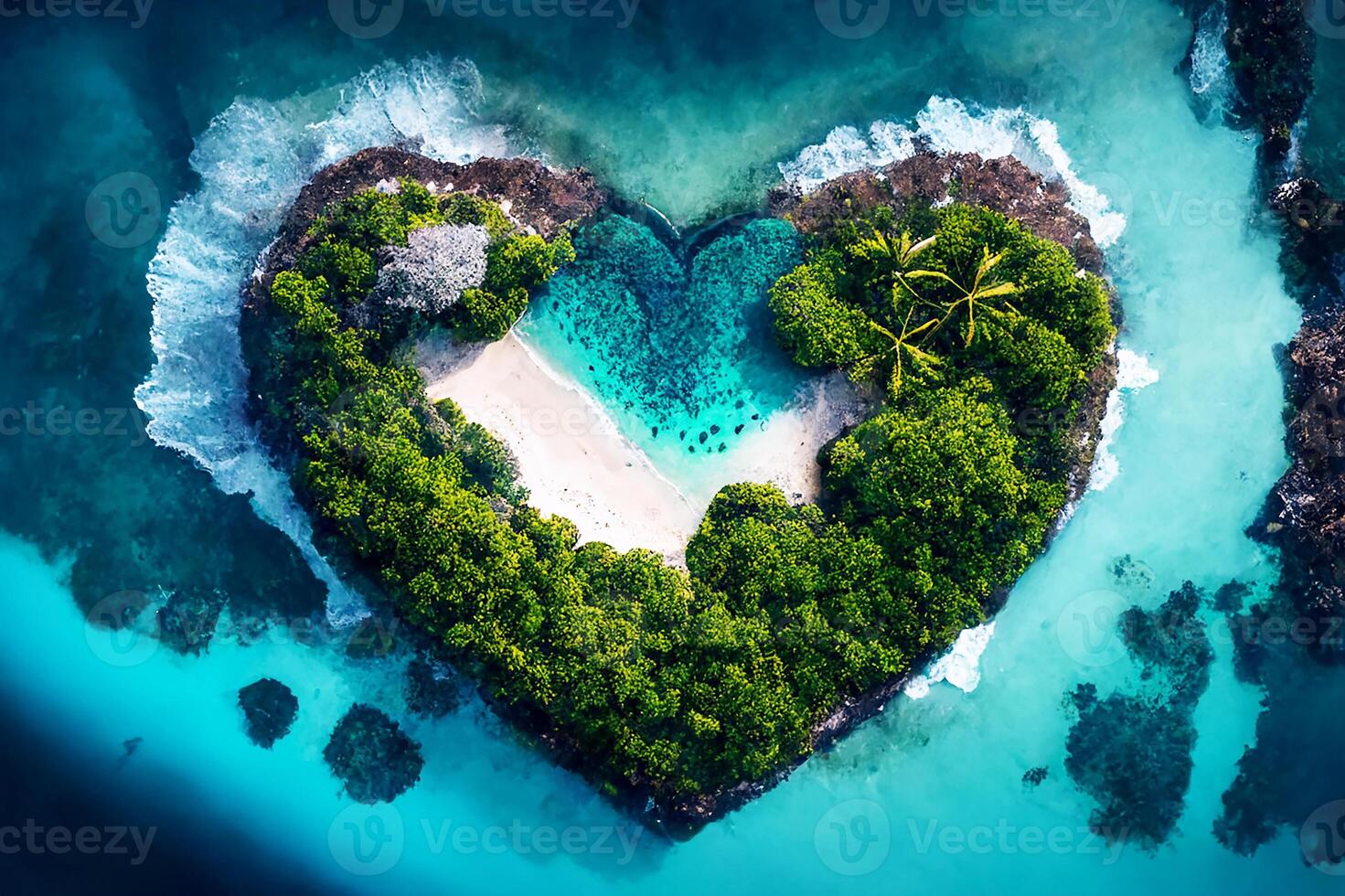 en forma de corazon isla, un tropical isla rodeado por el mar. tropical paraíso antecedentes. generativo ai foto