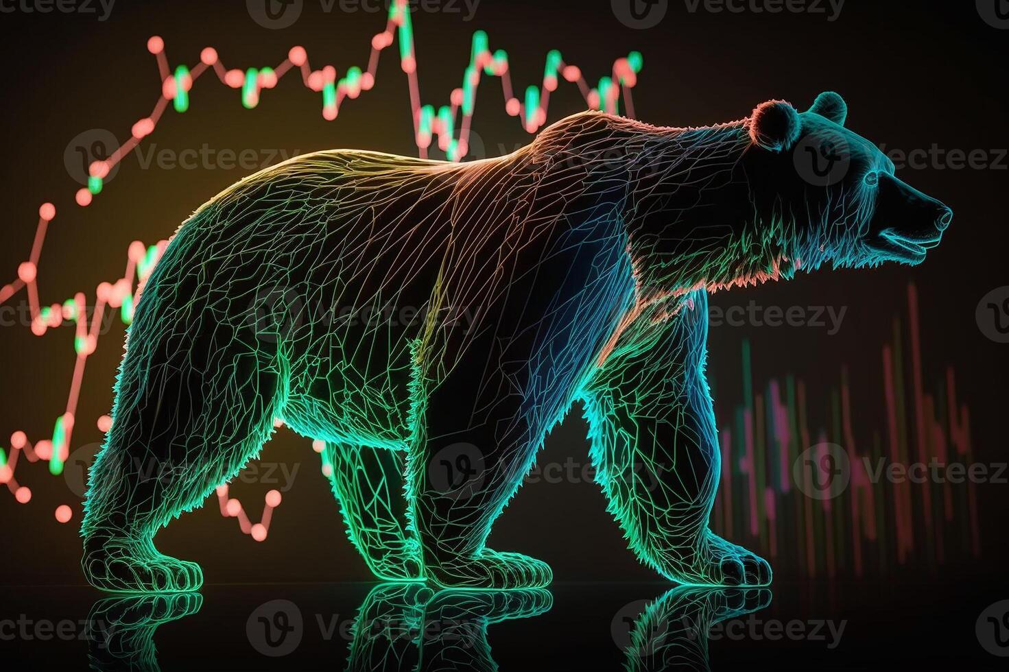 oso en el antecedentes de el valores cuadro, un gráfico de el subir en valores precios. neón oso valores intercambiar cuadro. generativo ai foto