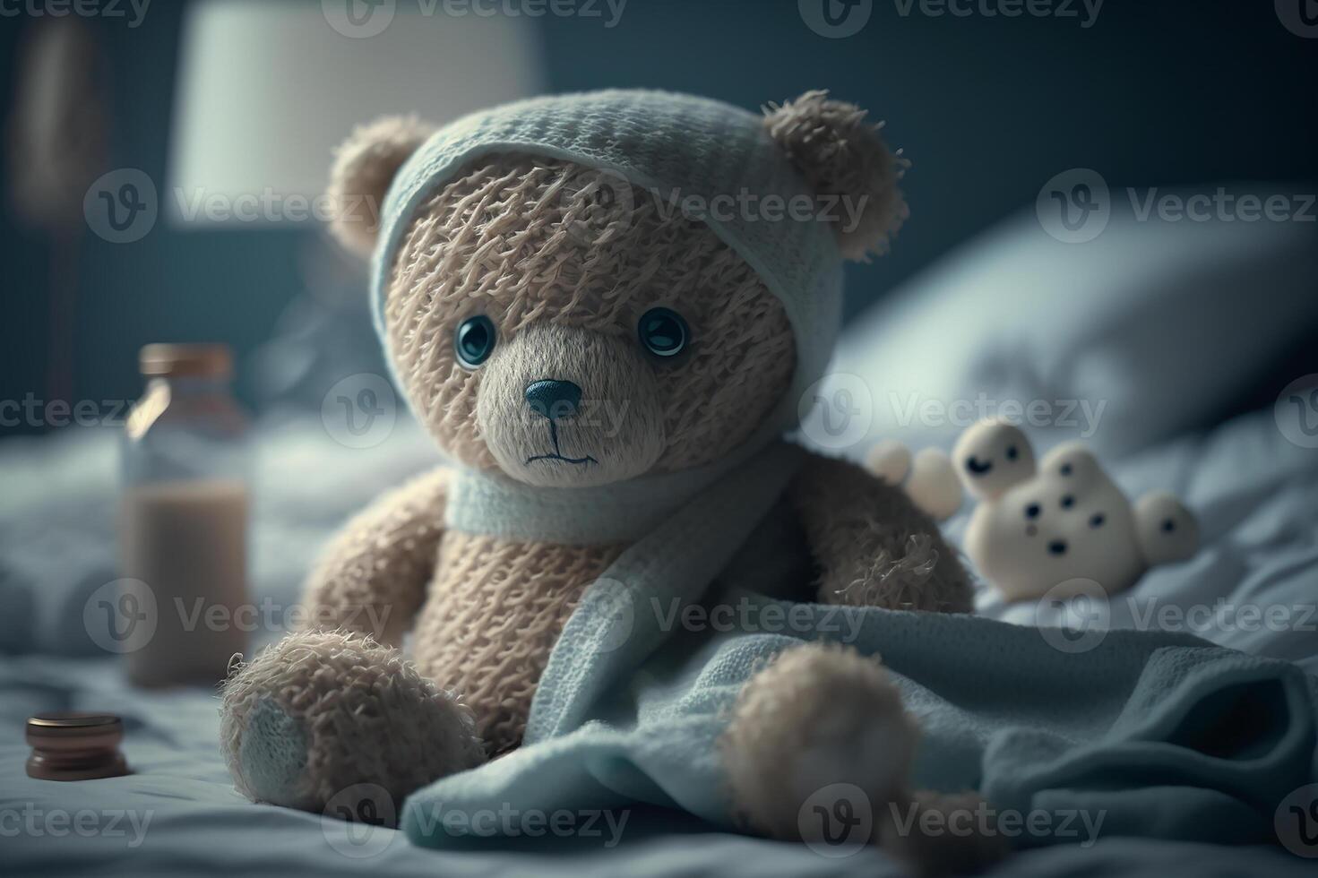 Sick Teddy, a toy in bed with a bandage on his head. photo