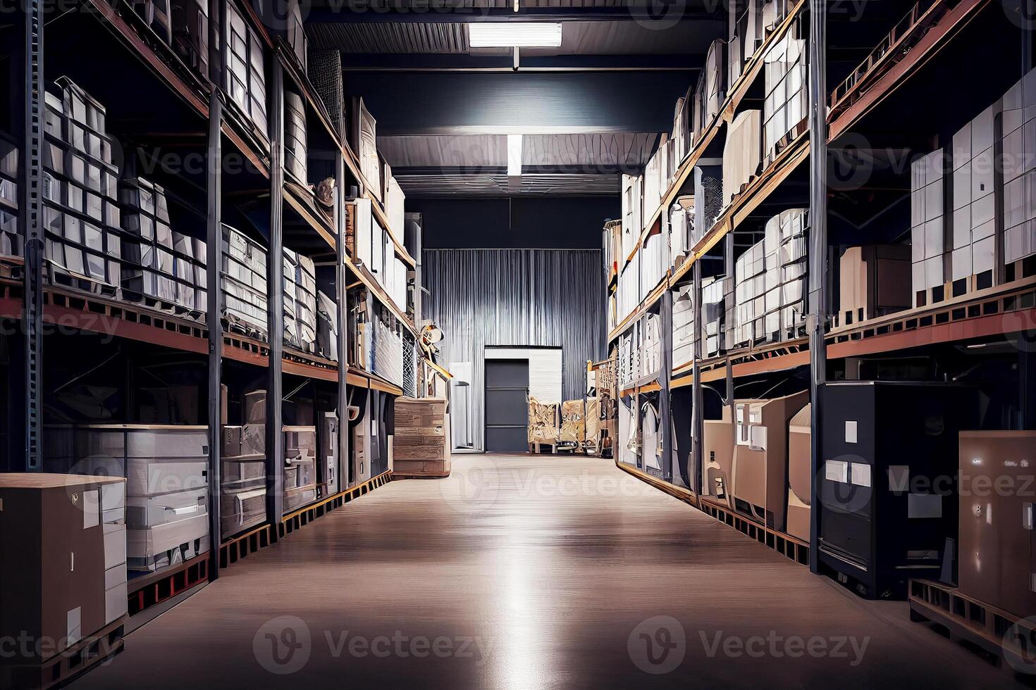 Large warehouse for storage of goods, racks, shelves, goods, background. photo