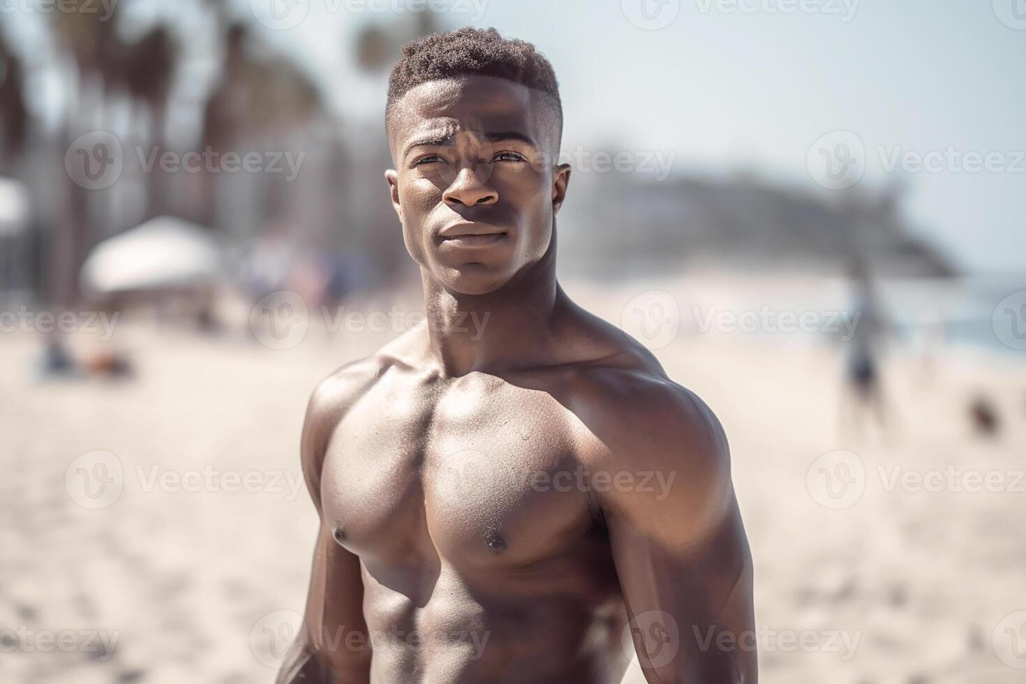 A young American dark-skinned man with an athletic build on the beach.  Generative AI 23115122 Stock Photo at Vecteezy