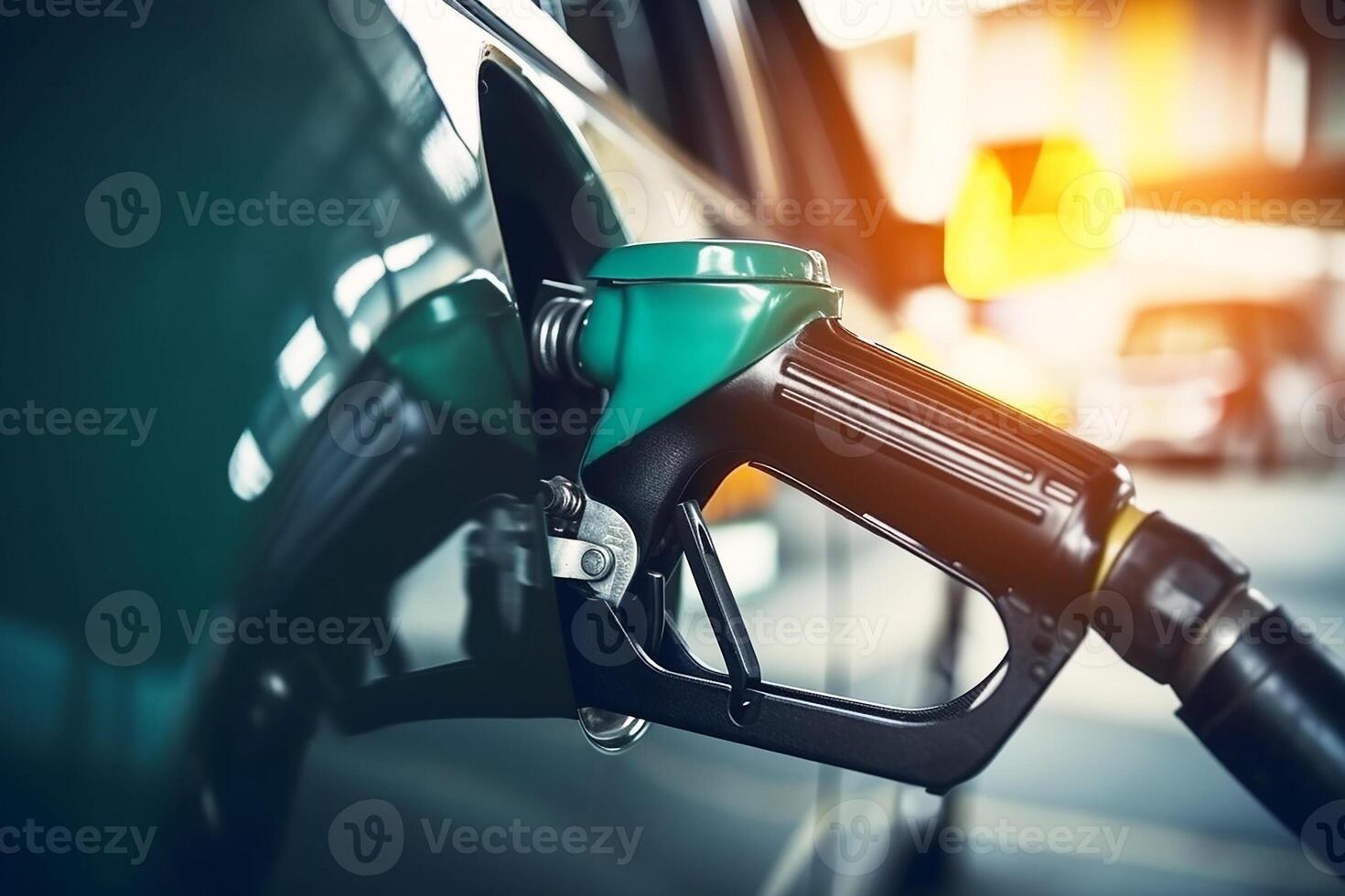 Gasoline dispenser. Fueling gun in the car tank. photo