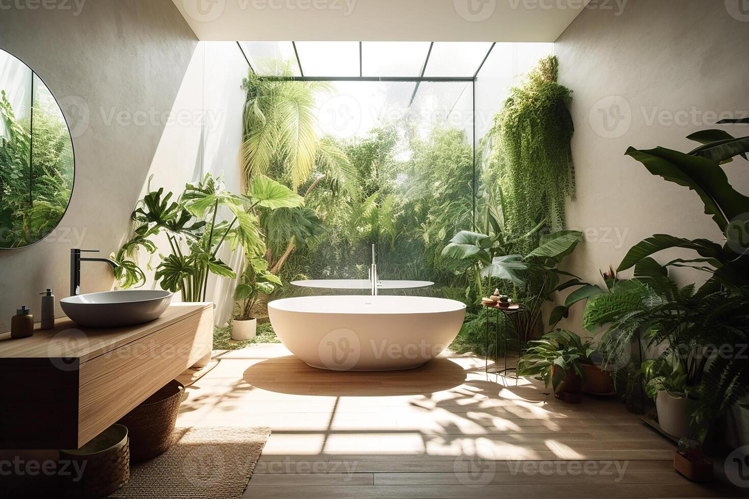 un baño con un bañera en un tropical isla hotel rodeado por tropical vegetación. generativo ai foto